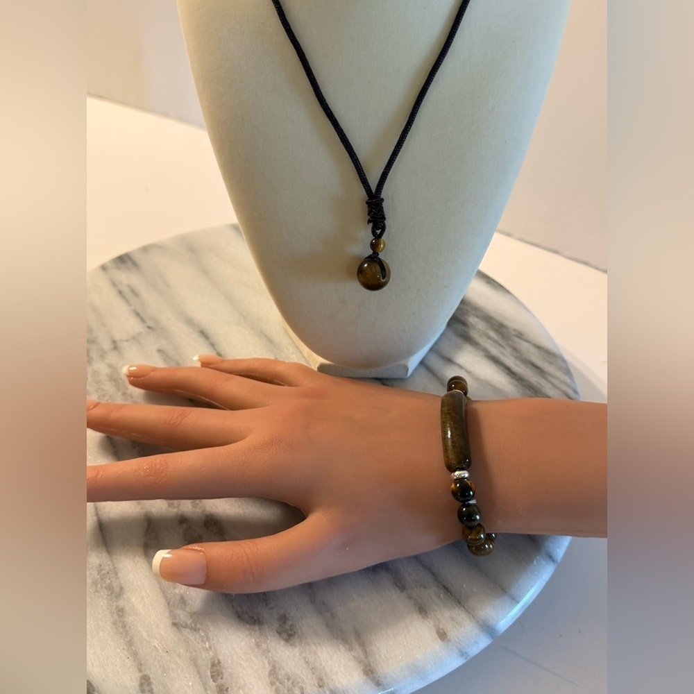 NWOT Round Natural Tiger Eye Stone Adjustable Necklace & Bracelet 8m 2 Piece Set